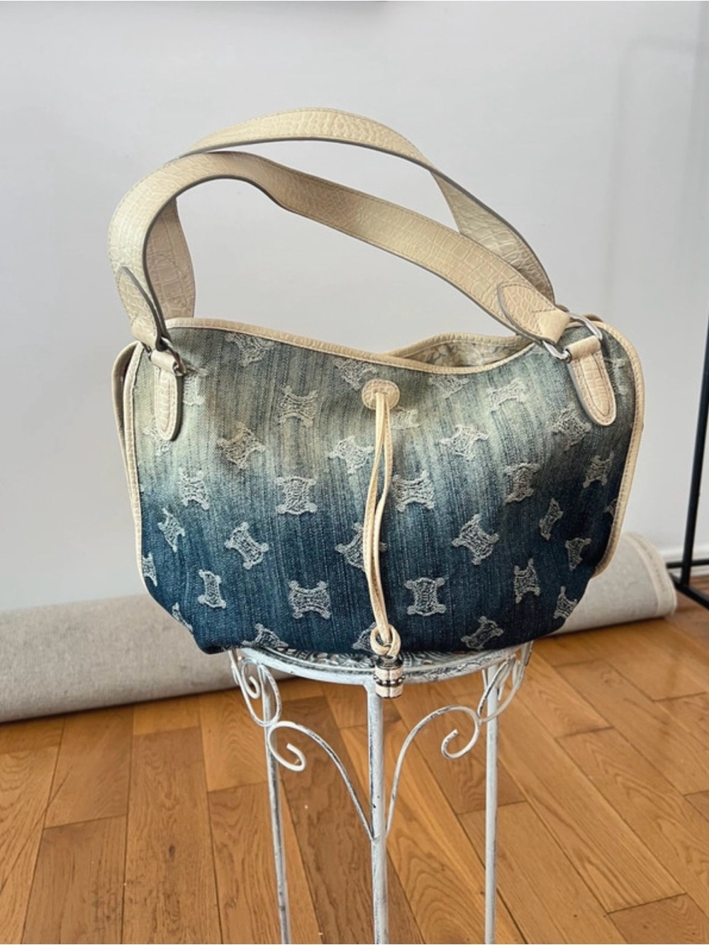 Celine Cream and Blue Ombre Monogramed Denim Shoulder Bag